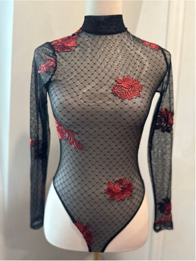 Jasmine Intimates Black Sheer Mesh Floral Bodysuit Size Small